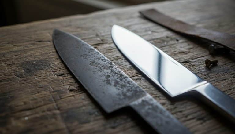 To knivblade side om side: kulstofstål med patina og blankt rustfrit stål