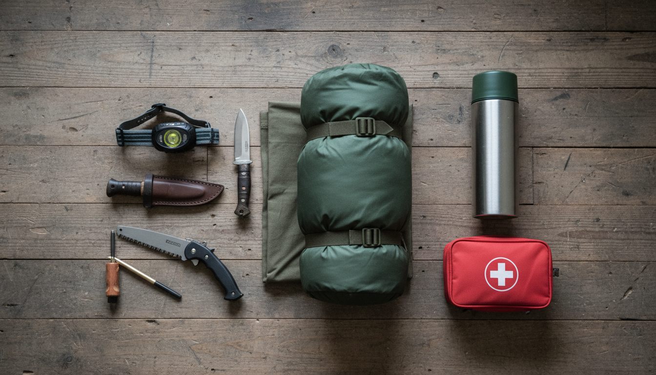 Outdoor-grej lagt frem til sheltertur: sovepose, tarp, kniv, foldesav og tændstål