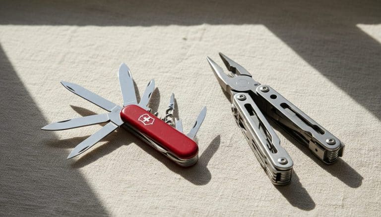 Rød schweizerkniv og multitool med tang side om side til sammenligning