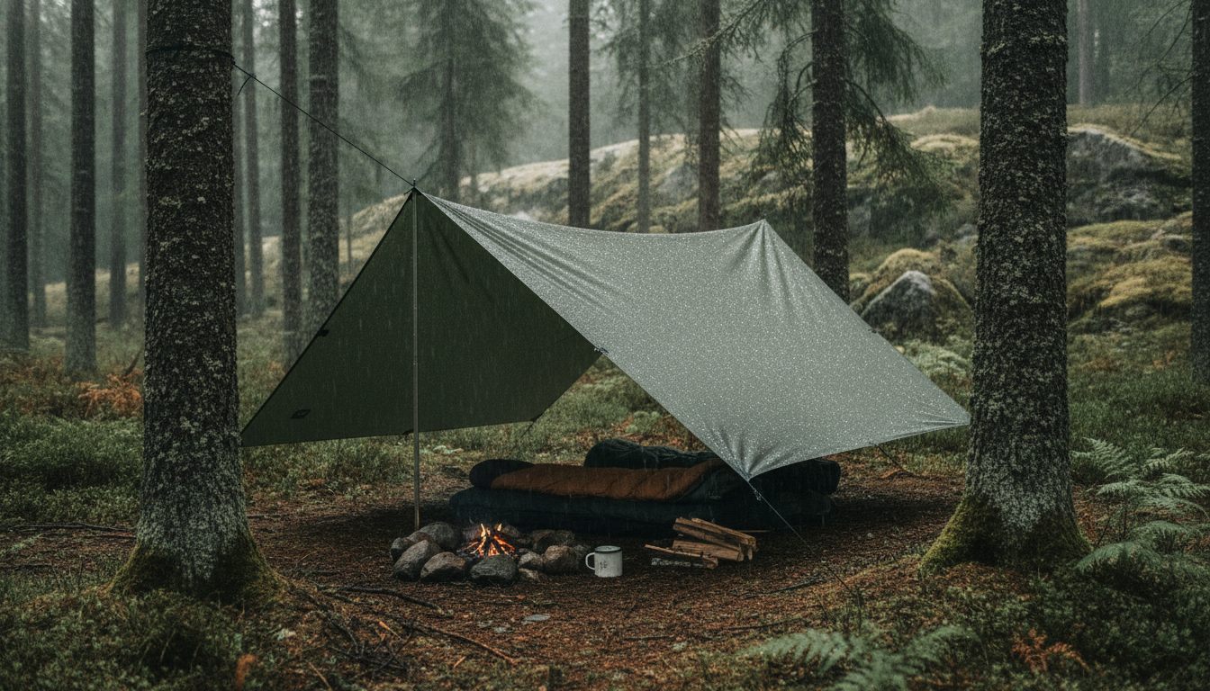 Tarp rigget som A-tag i regnvejr i nordisk skov