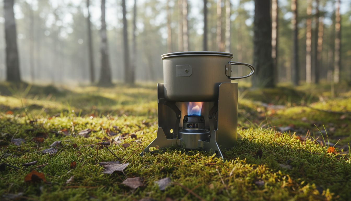 Trangia stormkøkken med tændt spritbrænder på skovbund