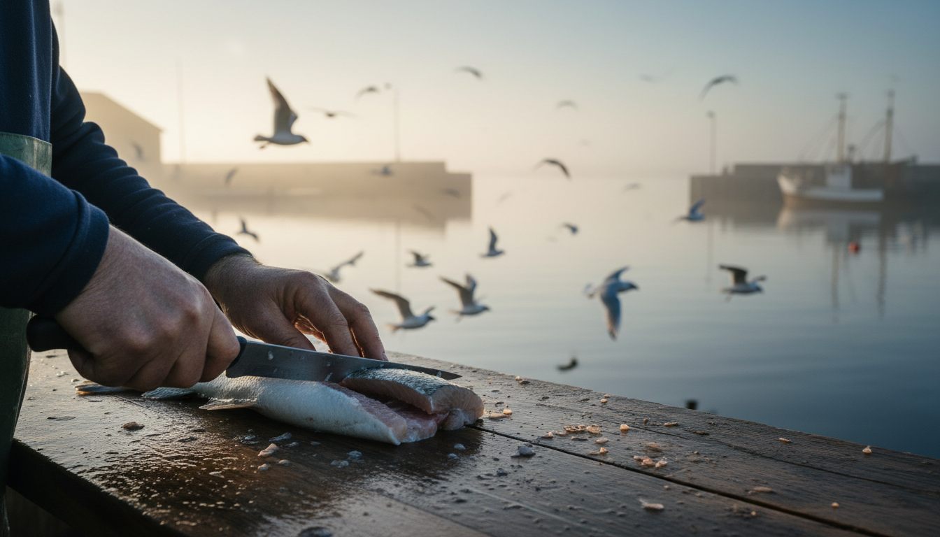 Fisk fileteres med filetkniv på rensebord ved havnen