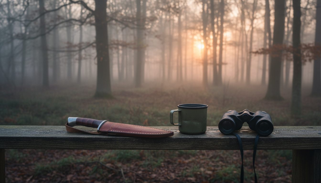 Jagtkniv med læderskede på skydetårn i morgendis