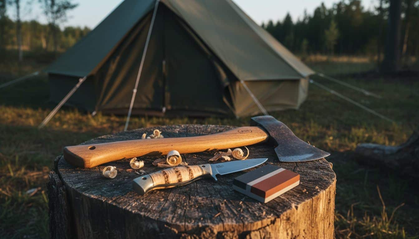 Økse og skandinavisk kniv ved bålplads klar til slibning