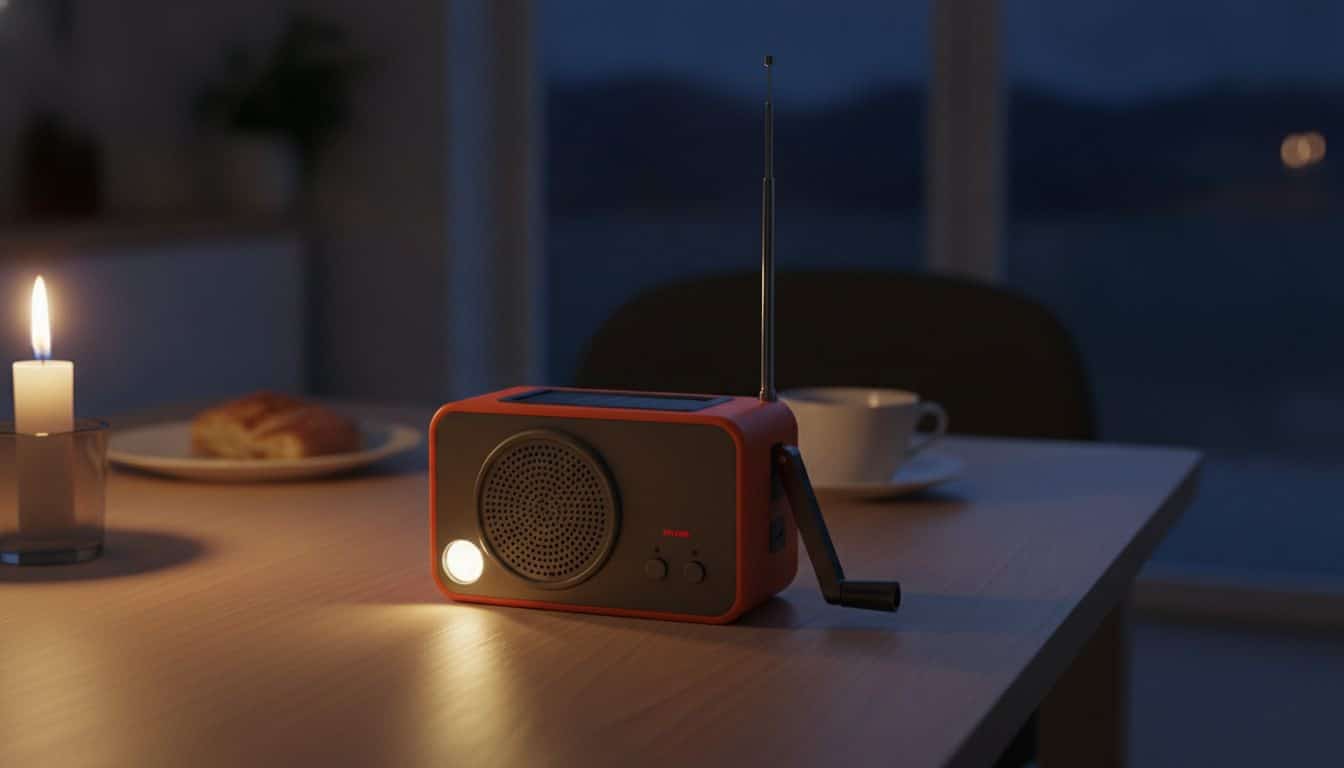 Nødradio med håndsving og solcelle under strømsvigt